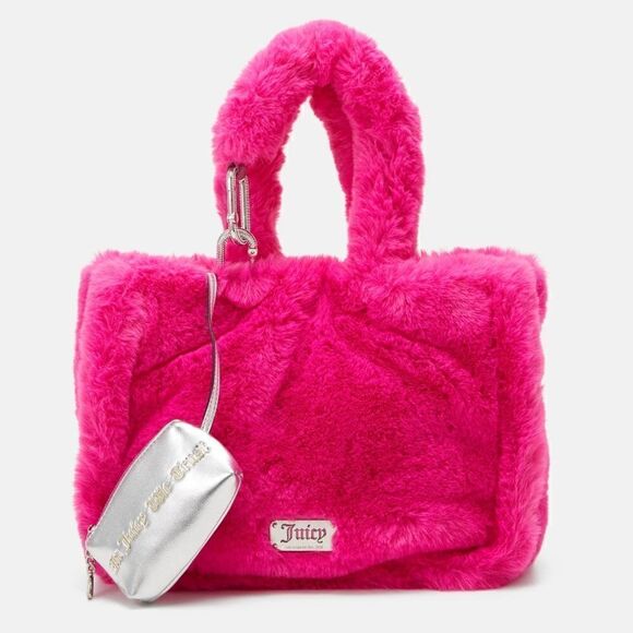 Juicy Couture Berry Fuchsia Faux Fur Tote Shopping Bag & Metallic Mini Pouch - Picture 1 of 15